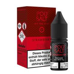 Pod Salt Strawberry E-Liquid Flasche mit Zutat-Hinweis und Verpackung, geeignet für Dampfer, 10ml Flasche mit nikotinhaltigem E-Liquid in Erdbeer-Geschmack, für Erwachsene nur über 18 Jahre.