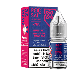 POD SALT XTRA Blueberry Blackberry Lemonade E-Zigarette Nikotinsalz 10ml, 1% Nikotin, als E-Liquid für Vape, in Verpackung mit Flasche und Verpackungselements.