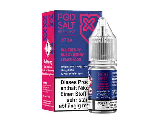POD SALT XTRA Blueberry Blackberry Lemonade E-Zigarette Nikotinsalz 10ml, 1% Nikotin, als E-Liquid für Vape, in Verpackung mit Flasche und Verpackungselements.