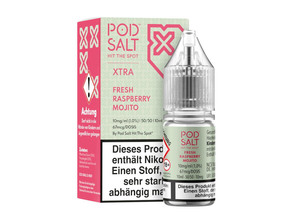 Pod Salt X - Fresh Raspberry Mojito - Nikotinsalz Liquid 1 Pod Salt XTRA Fresh Raspberry Mojito E-Liquid in 10ml Flasche, nikotinfrei, für e-Zigaretten, aromatisierter Milchsaft, pfeffriger Himbeer-Mojito-Geschmack, geeignet für Dampfer, hochwertiges Liquid, perfekte Geschmackserfahrung.