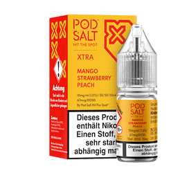 POD SALT XTRA Mango Erdbeere Pfirsich E-Liquid, 10ml, Nikotinfrei, ideal für Subohm- und MTL-Vaping, erhältlich bei LETZ GO.