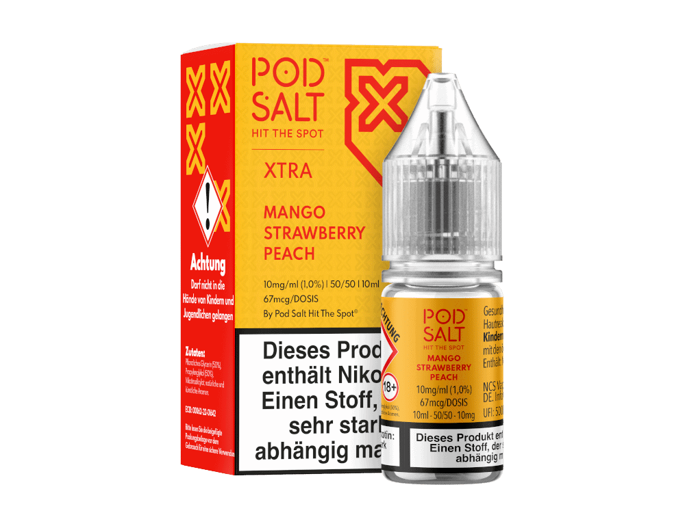 Pod Salt X - Mango Strawberry Peach - Nikotinsalz Liquid 1 POD SALT XTRA Mango Erdbeere Pfirsich E-Liquid, 10ml, Nikotinfrei, ideal für Subohm- und MTL-Vaping, erhältlich bei LETZ GO.