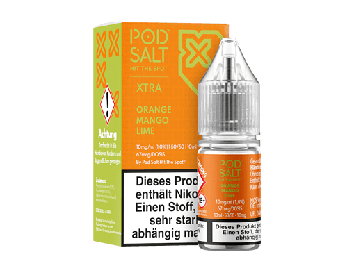 Pod Salt Xtra Orange Mango Lime E-Liquid Flasche mit Verpackung, Nikotinstärke 10mg/ml, 10ml Flasche, für E-Zigaretten, aromatisch und erfrischend, Vaporizer Zubehör, langlebig, hochwertig.