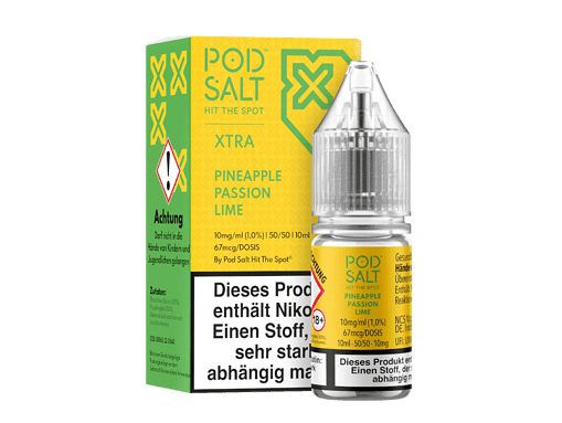 POD SALT XTRA Pineapple Passion Lime E-Liquid Flasche mit Verpackung, Nikotin Shot für Vape Geräte, fruchtiges Geschmackserlebnis, 10ml, 67mg/Dosis.