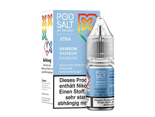10mg/ml Pod Salt Rainbow E-Liquid Flasche für Vaporizers, 10ml, nikotinhaltig, mit buntem Rainbow-Design, geeignet für E-Zigaretten und Dampfer.
