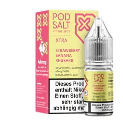 Pod Salt Xtra E-Liquid in Geschmackssorte Erdbeer-Banane-Rhabarber, 10ml Flasche, ideal für Vape-Enthusiasten, starke Nikotin-Optionen, hochwertig verpackt für genussvolles Dampfen.