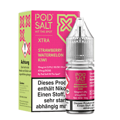 Pod Salt Hit The Spot E-Liquid Flasche mit Erdbeer-Wassermelone-Kiwi Geschmack, 10ml, nikotinfrei, für E-Zigaretten, sauberes Design, pinkes Label, Vaporizer, Dampf, Rauch, Rauchhauch, Dampfer, E-Liquid, E-Zigarette, Liquid, Geschmack, Aroma, Frucht.