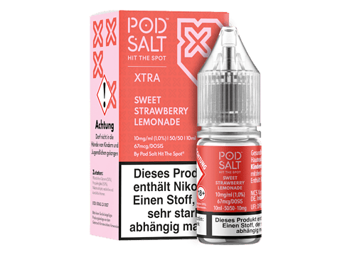 Pod Salt XTRA Süße Erdbeer-Zitronenlimonade E-Liquid für E-Zigaretten, 10ml Flasche, Nikotin-Stärke 1,0%.