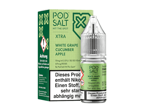 Pod Salt Hit The Spot Liquid E-Zigarette, White Grape, Cucumber, Apfel, 10ml, Nikotin stark, ab 18 Jahren.