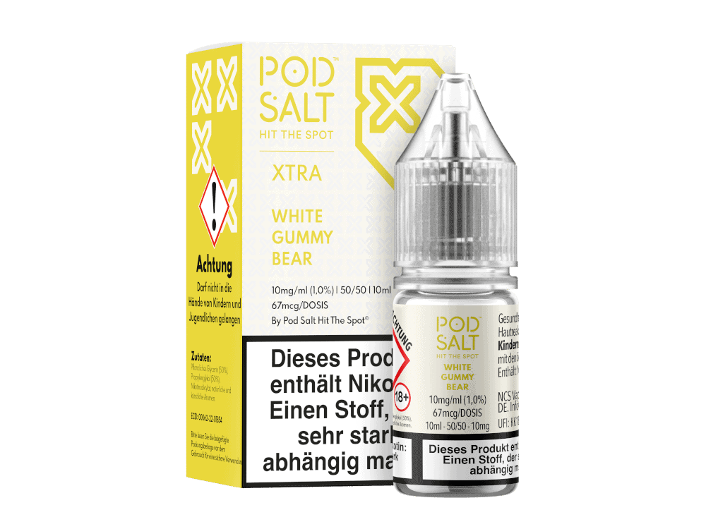 Pod Salt X - White Gummy Bear - Nikotinsalz Liquid 1 Pod Salt Hit The Spot White Gummy Bear Nikotin E-Liquid, 10ml, 1,0% Nikotin, passend für E-Zigaretten, besonders starker Geschmack, salzig-süßer Gummibär.