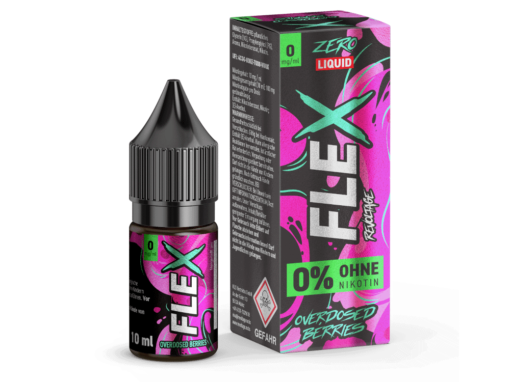 Revoltage FLEX Berries Nikotinsalz Liquid 1 Zero Liquid E-Zigarette mit Geschmack von Überdosierten Beeren, nikotinfrei, 10 ml Flasche.