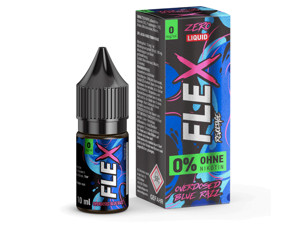 Revoltage FLEX Blue Razz Nikotinsalz Liquid 1 FettX Zero Liquid E-Liquid in blauer Razz-Flavor, 10 ml, nikotinfrei, für E-Zigaretten, stimulating, colorful Verpackung, für Vaper, Overdose Blue Razz.