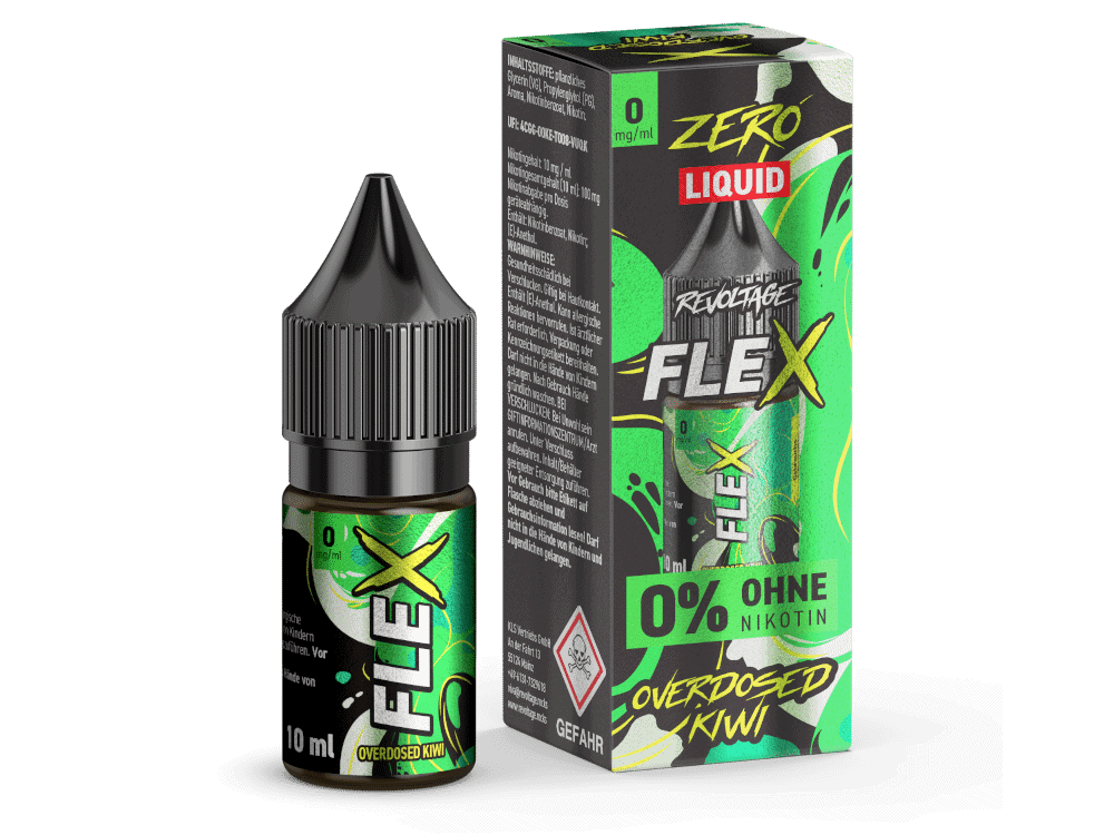 Revoltage FLEX Kiwi Nikotinsalz Liquid 1 Äußerst färbige E-Liquid Flasche und Verpackung mit Zero Nikotin, Überdosed Kiwi Aroma, für Vaping und E-Zigaretten, innovatives Design, 10 ml.