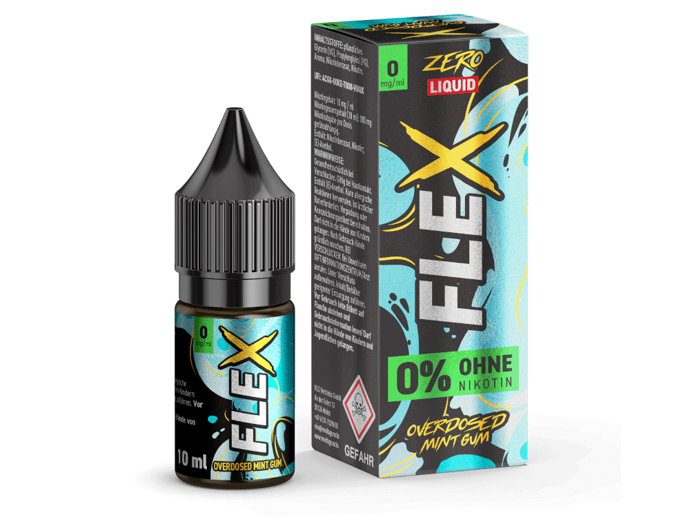 Revoltage FLEX Mint Gum Nikotinsalz Liquid 1 Leere Flasche und Verpackung von Zero FLEXX, zuckerfreier Kaugummi ohne Nikotin, für intensiven Geschmack, ideal für Vape- und E-Zigaretten-Liebhaber, frischer Minzgeschmack, 10 ml.