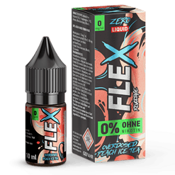Frische Flasche und Verpackung von Zero Liquid Fex mit Geschmacksrichtung Pfirsich-Eis-Tee, nikotinfrei, 10 ml, im modernen, farbenfrohen Design.