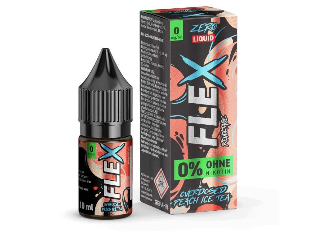 Revoltage FLEX Peach Ice Tea Nikotinsalz Liquid 1 Frische Flasche und Verpackung von Zero Liquid Fex mit Geschmacksrichtung Pfirsich-Eis-Tee, nikotinfrei, 10 ml, im modernen, farbenfrohen Design.