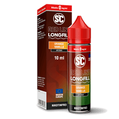 Aroma E-Liquid Flasche mit Orange Vanille Geschmack, 10 ml, nikotinfrei, Longfill, für E-Zigaretten.