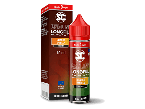 Aroma E-Liquid Flasche mit Orange Vanille Geschmack, 10 ml, nikotinfrei, Longfill, für E-Zigaretten.