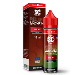 Aroma-Longfill-Flüssigkeit im Fläschchen und Verpackung mit rotem, grünem und schwarzem Design, nikotinfrei, ideal für E-Zigaretten.