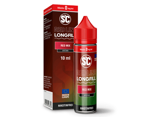 Aroma-Longfill-Flüssigkeit im Fläschchen und Verpackung mit rotem, grünem und schwarzem Design, nikotinfrei, ideal für E-Zigaretten.