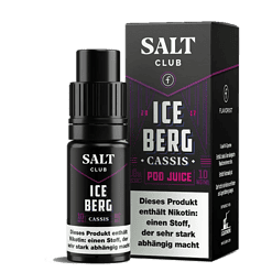 SALT CLUB Ice Berg Cassis Pod Juice, nikotinhaltiges Vape-Produkt, 10 mg/ml, für intensive Geschmackserlebnisse, geeignet für Dampfer, in praktischem Fläschchen, mit warnender Aufschrift auf der Verpackung.