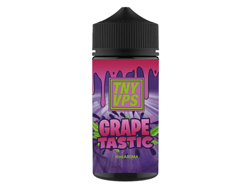 Farbige E-Liquid Flasche in purple und grün mit "TNY VPS" und "Grape Tastic" Label, 10 ml Aroma, für E-Zigaretten.