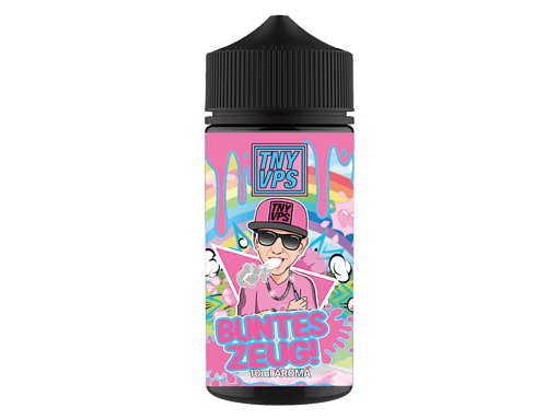 Farbiges E-Liquid Fläschchen mit bunter, streetart-inspirierter Grafik und einem animierten Charakter in Pink, das Produkt ist ideal für Vaporizers und bietet eine 10ml Aromaflasche.