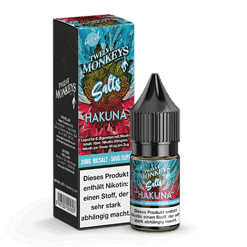 Feines Bild eines Liquid-Fläschchens und der Verpackung für TEN TWELVE MONKEYS SALTS HAKUNA, mit pink-blauem Design, nikotinhaltig, 10ml.