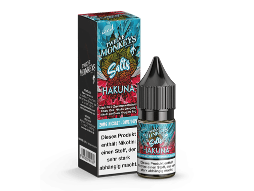 Feines Bild eines Liquid-Fläschchens und der Verpackung für TEN TWELVE MONKEYS SALTS HAKUNA, mit pink-blauem Design, nikotinhaltig, 10ml.