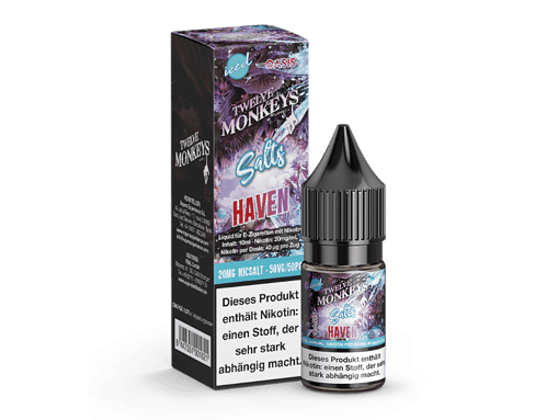 Twelve Monkeys Salts Haven E-Liquid Flasche und Verpackung, Nikotin-Shot mit 20 mg/ml, für E-Zigaretten und SubOhm Devices.