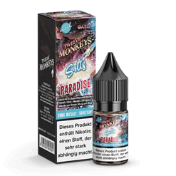 Flasche und Verpackung des Twelve Monkeys Salt Paradise Liquids, vaping, Nikotin, Nikotinsalz, E-Zigarettenliquid, Dampfen, Aromatisiertes Liquid, Nikotinfrei, E-Liquid, Vaporizr.