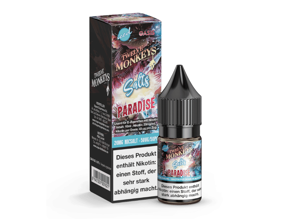 Twelve Monkeys - Iced - Paradise Nikotinsalz Liquid 1 Flasche und Verpackung des Twelve Monkeys Salt Paradise Liquids, vaping, Nikotin, Nikotinsalz, E-Zigarettenliquid, Dampfen, Aromatisiertes Liquid, Nikotinfrei, E-Liquid, Vaporizr.