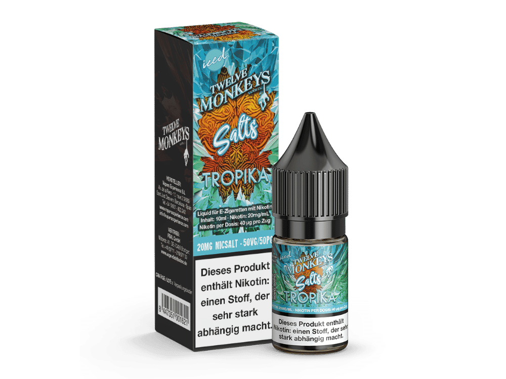 Twelve Monkeys - Iced - Tropika Nikotinsalz Liquid 1 Twelve Monkeys Salts Tropika Nikotinsalz Liquid, 10ml Flasche, für E-Zigaretten, mit Nikotin, in nostalgischem Design, ideal für dampfende E-Shisha, sorgfältig abgestimmt für intensive Nikotin-Levels.
