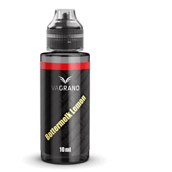 Dunkle Flasche mit rotem und schwarzem Etikett, VGRAND Bottermelk Lemon E-Liquid, 10 ml, für E-Zigaretten.