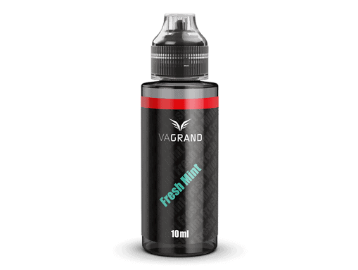 E-Zigarette E-Liquid Flasche für Vaping, Frischminze Geschmacksrichtung, 10ml, schwarzes Design mit rotem Akzent, LETZ Go Shop.