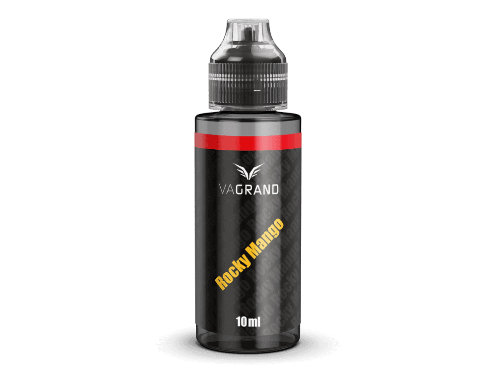 Vagrand Rocky Mango Longfill 10 ml 1 Vape E-Liquid Flasche mit Rockstar Mango Geschmack, 10ml, schwarz und rot Design, für Dampfer, fruchtiges Aroma, hochwertiges Vape-Produkt, ideal für E-Zigaretten, langlebig, einfacher Gebrauch, aromatisierter Nikotin-Liquid, modern, leicht zu handhaben, für sinnlichen Genuss, Geschmacksvielfalt, Produkt für Trendsetter.