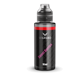 Vape-Flüssigkeit Flasche mit Geschmack "Sweet Berries" für E-Zigaretten, 10ml, schwarz, roter Akzent, E-Liquid für Dampfer, Aromen, Vaping.