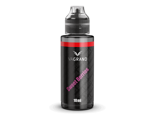Vape-Flüssigkeit Flasche mit Geschmack "Sweet Berries" für E-Zigaretten, 10ml, schwarz, roter Akzent, E-Liquid für Dampfer, Aromen, Vaping.