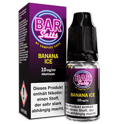 Flasche und Verpackung des Bar Salts bei Vampire Vape, Geschmack Banane Eis, 10 mg/ml Nikotinsalz, für E-Zigaretten, vaping, aromatisiert, nicotine, e-liquid, cool, trendy, neu.