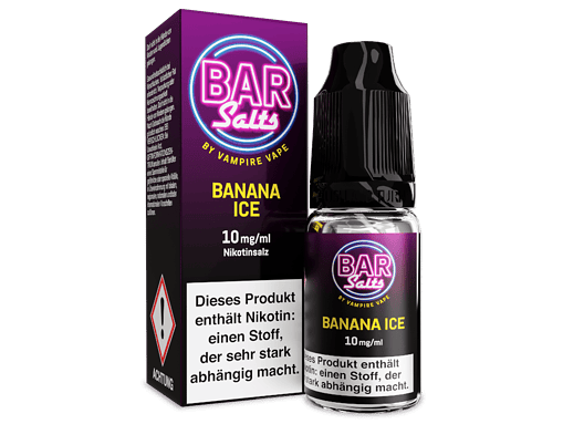 Flasche und Verpackung des Bar Salts bei Vampire Vape, Geschmack Banane Eis, 10 mg/ml Nikotinsalz, für E-Zigaretten, vaping, aromatisiert, nicotine, e-liquid, cool, trendy, neu.