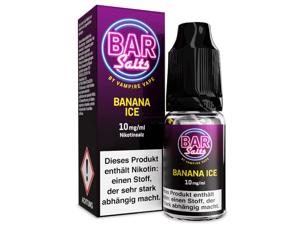 Vampire Vape - Bar Salts - Banana Ice - Nikotinsalz Liquid 1 Flasche und Verpackung des Bar Salts bei Vampire Vape, Geschmack Banane Eis, 10 mg/ml Nikotinsalz, für E-Zigaretten, vaping, aromatisiert, nicotine, e-liquid, cool, trendy, neu.