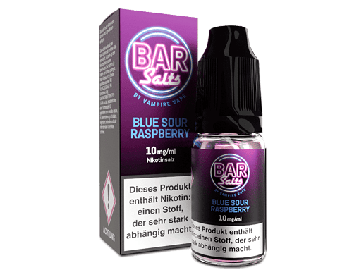 Vape Liquid Flasche mit Blaubeere Himbeere Geschmack, 10 mg/ml Nikotinstärke, Flasche und Verpackung, blauer und lila Etikett, in moderner Vape-Produkt-Darstellung.