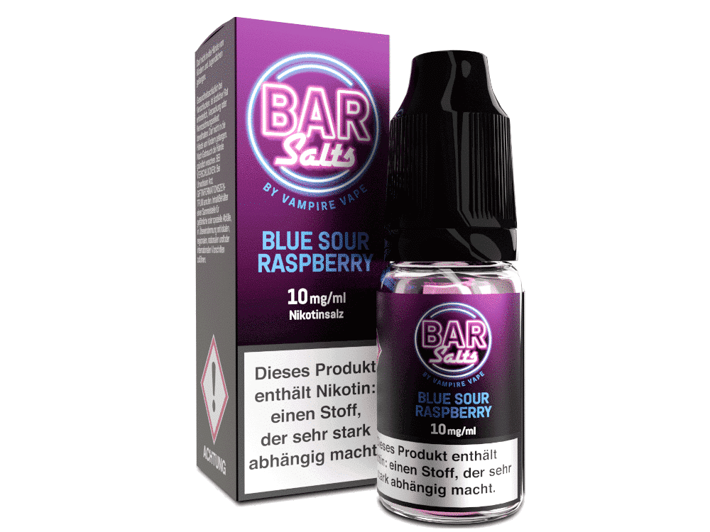 Vampire Vape - Bar Salts - Blue Sour Raspberry - Nikotinsalz Liquid 1 Vape Liquid Flasche mit Blaubeere Himbeere Geschmack, 10 mg/ml Nikotinstärke, Flasche und Verpackung, blauer und lila Etikett, in moderner Vape-Produkt-Darstellung.