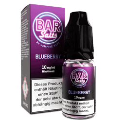 Blaue E-Liquid Flasche mit Nikotinsalz, 10 mg/ml, für Vaping, geeignet für E-Zigaretten und Dampfer.