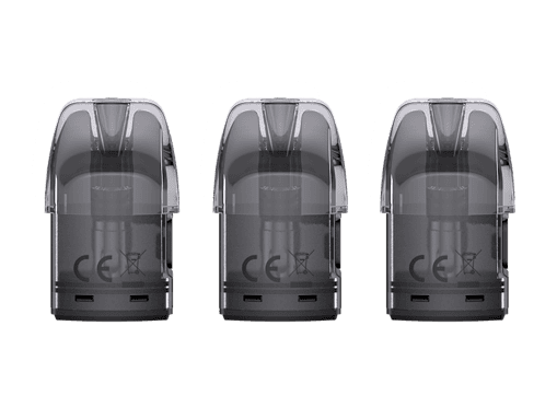 Drei schwarze Vaping-Pods für elektronische Zigaretten vor transparentem Hintergrund.