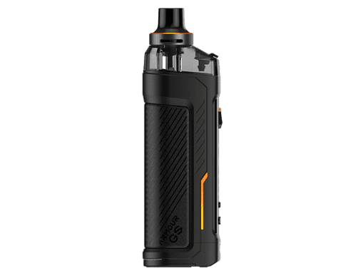 Atemberaubender Blick auf den schwarzen vapo von LETZ Go mit orangefarbenen Akzenten, hochwertiger Verarbeitung und ergonomischem Design, ideal für Dampfer und RSI-Fans.