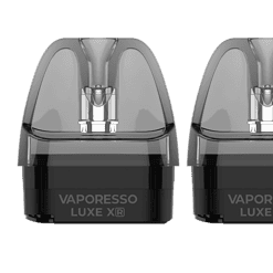 Zwei Vaporesso Luxe X R E-Zigaretten Akkus in schwarz, Frontansicht, modernes und elegantes Design, hochwertige Quality, Dampfgerät, Vape, E-Liquid, Vaping Zubehör.