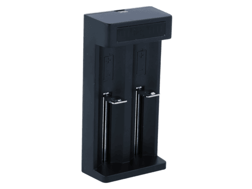 Zweikäfig-Ladestation für Batterien, geeignet für AA und AAA Akkus, robustes schwarzes Kunststoffgehäuse, kompakte Aufbewahrungslösung für Zuhause und Büro.