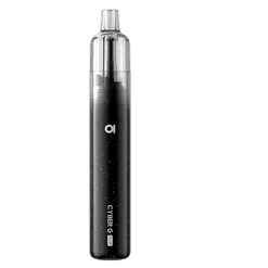 Aspire Cyber G Slim E-Zigaretten Set 3 Leerer, schwarzer Vaping-Device mit Silberakzent und Kosmos-Design, auf transparentem Hintergrund.