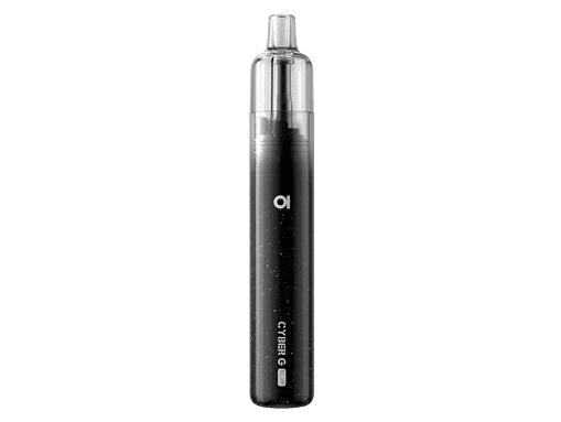 Aspire Cyber G Slim E-Zigaretten Set 2 Leerer, schwarzer Vaping-Device mit Silberakzent und Kosmos-Design, auf transparentem Hintergrund.